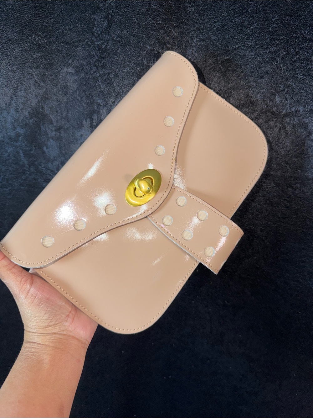 Badgley Mischka Nude Patent Leather Clutch with Gold Turnlock
